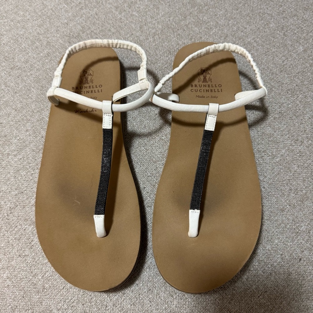 Brunello Cucinelli Monili White Braided T-Strap Sandals